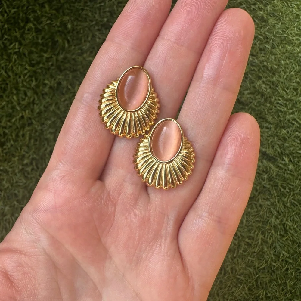 Gold Oval Fan Statement Earrings Vintage Inspired Studs